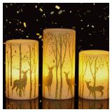GenSwin Flickering Flameless Candles Battery Operated with 6 Hours Timer, Real Wax Led Pillar Candles Deer Decal Warm Light, Pack of 3 Christmas Home Decor