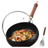 UMETRE Carbon Steel Wok Pan, 11\" Woks & Stir-Fry Pans with Glass Lid Cookwares, Nonstick Wok Flat Bottom Small Handmade Chinese Wok For for All Stoves
