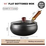 UMETRE Carbon Steel Wok Pan, 11\" Woks & Stir-Fry Pans with Glass Lid Cookwares, Nonstick Wok Flat Bottom Small Handmade Chinese Wok For for All Stoves
