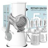 Cambom 5 in 1 Rotary Cheese Grater Hand Crank Cheese Shredder for Fresh Cheese, Vegetable, Nuts,Non-slip Suction Base, Five Blades, White