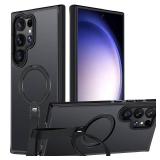 Mondelete 360Â°Spin Magnetic Stand with Silicone Strap for Samsung Galaxy S23 Ultra Case[Fit for MagSafe], Mil-Grade Shockproof Translucent S23 Ultra Phone Case with Kickstand Rotatable (Black)