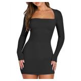 ANRABESS Women Long Sleeve Square Neck Sexy Bodycon Tight Cocktail Party Club Night Formal Short Dress 2025 Going Out Outfits Black Medium