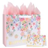ASYEHJNR 13\" Large Size Happy Birthday Gift Bag Floral Flower Pattern with Metallic Gold Happy Birthday Sign Vintage Gift Bag with Greeting Card and Tissue Paper for Girls Women