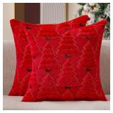 Allorry Christmas Pillow Covers 18x18 Set of 2 Red Christmas Tree Yellow Edge Embroidery Pillow Covers Plush Faux Fur Soft Cushion Case for Winter Xmas Holiday Home Bedroom Sofa Decors SY-013B18