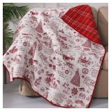 Levtex Home - Yuletide - Holiday Quilted Throw 50x60in. - Christmas Holiday Script - Red and Cream - Reversible - Cotton