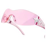 Haqptul Rimless Y2K Sunglasses Star Wrap Around Glasses 2000S Accessories for Women Men Trendy Fashion Cool Shield Shades (Pink/Pink)