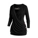 ROSE GAL Rosegal Womens Plus Size Wide Ribbed Keyhole Cutout Chains Embellish Draped Ruched Surplice Wrap Long Sleeve Blouson Top(Black/2X)