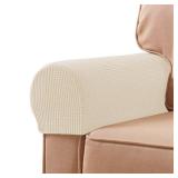 SUBRTEX Stretch Couch Arm Covers Set of 2, Checkered Sofa Arm Slipcovers, Anti-Slip Armrest Covers for Recliner and Armchairs, Pet Proof, High Stretchy, Hook & Loop Tape, Ivory
