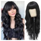 MINSEEYOO Black Wig with Bangs for Women Long Black Wavy Wigs 26 Inch Natural Black Wigs Natural Looking Heat Resistant Synthetic Wig for Daily Party Use