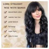 MINSEEYOO Black Wig with Bangs for Women Long Black Wavy Wigs 26 Inch Natural Black Wigs Natural Looking Heat Resistant Synthetic Wig for Daily Party Use