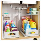 Under Sink Organizer, 2 Pack Height Adjustable Cabinet Organizer with Slide Out Drawer, Pull Out Under Sink Storage, Multi-Purpose 2 Tier Sink Shelves for Kitchen Bathroom Pantry (White, 2 Pack)