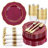 Liacere 175PCS Red Plastic Plates - Disposable Burgundy Red and Gold - 25guest Baroque Plastic Dinnerware include 50Plates, 25Pack Pre Rolled Napkins with Silverware 25Cups for Christmas