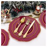 Liacere 175PCS Red Plastic Plates - Disposable Burgundy Red and Gold - 25guest Baroque Plastic Dinnerware include 50Plates, 25Pack Pre Rolled Napkins with Silverware 25Cups for Christmas
