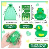DEEKIN 100 Set Mental Health Rubber Duck Mental Health Awareness Gifts Include 100 Green Ribbon Rubber Duck 100 Cards and 100 Organza Bags for Friend Family Coworkers Fundraiser Giveaways