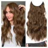 KooKaStyle Invisible Wire Hair Extensions with Transparent Wire Headband Adjustable Size 4 Secure Clips Long Wavy Hairpiece 20 Inch COCOA# for Women