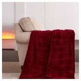 KORBLISS Super Soft Flannel Twin Blanket 60x80 Inches, Premium Checkered Jacquaed Silky Fleece Lightweight Bed Blanket All Season Use, Burgundy Strip, 60\"x80\"