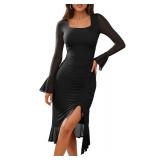 HomRain Long Sleeve Dress for Women Wedding Guest Fall Cocktail Dresses for Women 2025 Bodycon Club Homecoming Birthday Midi Dresses Evening Gown Black S