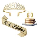 60th Birthday Decorations for Women Gold with Sash and Tiara, Gold Number Candles, 60th Birthday Gifts for Women