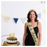 60th Birthday Decorations for Women Gold with Sash and Tiara, Gold Number Candles, 60th Birthday Gifts for Women