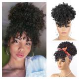Cetiq Afro Puff Kinky Curly Drawstring Ponytail Extension with Bangs - 1B Natural Black for Black Women, Natural Hair Updo, Instant Styling
