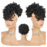 Cetiq Afro Puff Kinky Curly Drawstring Ponytail Extension with Bangs - 1B Natural Black for Black Women, Natural Hair Updo, Instant Styling