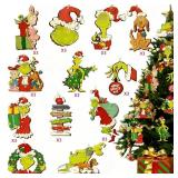 36 Pcs Christmas Tree Decorations, Double-Sided Wood Christmas Tree Hanging Ornament with Green Monster Stole Christmas Theme, Festive Home Indoor Decorations