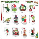 36 Pcs Christmas Tree Decorations, Double-Sided Wood Christmas Tree Hanging Ornament with Green Monster Stole Christmas Theme, Festive Home Indoor Decorations