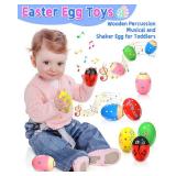 6 Pack Wooden Percussion Musical Shaker Prefilled Easter Eggs with Toys Inside Filled, Toddlers Easter Basket Stuffers Egg Fillers Montessori Toys Gifts for Kids Boys Girls Babies
