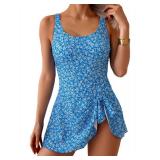 Eomenie One Piece Swimdress Swimsuits for Women Tummy Control Swim Dresses Skirt Bathing Suit Blue Floral size large