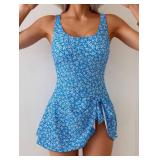 Eomenie One Piece Swimdress Swimsuits for Women Tummy Control Swim Dresses Skirt Bathing Suit Blue Floral size large