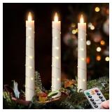 Flameless Cone Candle with Built-in Star String Light, 11-Button Remote Control, Timer, Battery Powered, Simulated Flame, 3-Pack Window Candle, Christmas Home & Wedding Decoration (Ivory)
