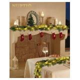 NUPTIO Artificial Christmas Garland with Lights: 2Pcs 6.2Ft Pre-Lit Gold Glitter Garland with Pine Cones Red Berry Eucalyptus - Xmas Decorations for Mantle Fireplace Railing Stairs Table Door