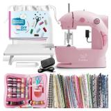 CraftBud Mini Sewing Machine for Beginners, Dual Speed Small Portable Sewing Machine for Kids and Adults with Extension Table, 122 Piece Gift Set Includes, Fabrics, Projects Book, Light and More, Pink