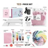CraftBud Mini Sewing Machine for Beginners, Dual Speed Small Portable Sewing Machine for Kids and Adults with Extension Table, 122 Piece Gift Set Includes, Fabrics, Projects Book, Light and More, Pink