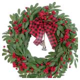 Bibelot Christmas Olive Wreath for Front Door Christmas Red Berry Decoration, Winter Bowknot Leaves Wreath with Red Berry and Jingle Bell Farmhouse Front Door