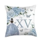Baby Blue Floral Roses Princess QuinceaÃ±era Mis XV AÃ±os Throw Pillow