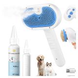 Pet Steam Brush for Dog & Cat - 3-in-1 Steam Grooming Brush for Shedding & Hair Removal - Self Cleaning Spray Comb with Mist for Long Haired Pets - Includes 1*Waterless Shampoo, Blue.