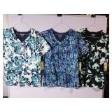APPEARS NEW - Landau Blue/Purple Floral Print Medical Scrub Tops (Size Large) 3 Pack