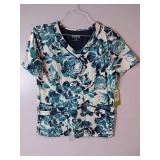 APPEARS NEW - Landau Blue/Purple Floral Print Medical Scrub Tops (Size Large) 3 Pack