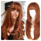 Eawwii Long Ginger Wig with Bangs for Women,4x4 Realistic Scalp, Free Parting,Layered Hairstyle Synthetic Heat Resistant for Daily Party Use 26 inch - Retail: $33