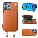 Bocasal Crossbody Wallet Case for iPhone 14 Pro, RFID Blocking Leather Purse Case with Card Holder, Protective Handbag Flip Cover with Slots Zipper Wrist Strap Lanyard for Women 5G 6.1 Inch (Brown) - 