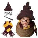 Newborn Photography Props Halloween Wizard Witch Hat Scarf Wand Glasses Frame 4 PCS Set Crochet Baby Photo Prop Halloween Baby Photoshoot Props Halloween Magic Party Cosplay Set - Retail: $41