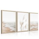Beach Wall Art Boho Prints Coastal Canvas Wall Art Beach Pictures Pampas Grass Ocean Poster Plant Landscape Beach Scene Artwork for Living Room Bedroom Decor 12x16x3 Inch Wood Framed - Retail: $40