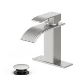 Ryuwanku Bathroom Faucet Brushed Nickel Modern Waterfall Bathroom Sink Faucet with Single Handle Suitable for 1 or 3 Holes,Supply Deck Plate and Hose - Retail: $29