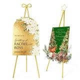 Interchangeable Bow & Star Top Gold Easel Stand for Sign, 62\"â47\" Height Adjustable Heavy Duty Wedding Easel Stand with 3 Display Modes â Perfect for Welcome Signs, Christmas Decor, Partie
