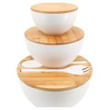 ONE UTENSIL MISSING ECOWAY Salad Bowls Set of 3 with Lid & Serving Utensils, Bamboo Fiber Mixing Bowls Set Large Serving Bowls & Storage Set with Bamboo Lid for Salad, Kitchen Eating, Pasta, Popcorn, 