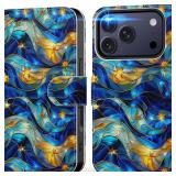 DEENAKIN for iPhone 17 Pro Wallet Case with Card Holder + Cash Clip, RFID-Blocking, Military-Grade Drop Protection & UV-Printed Artwork, Magnetic Closure with Leather Stand - Bule Gold Water - Retail: