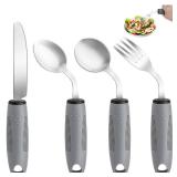 AuntyFey Weighted Adaptive Utensils, 4Pcs Weighted Utensils for Hand Tremors, 45Â°Angled Parkinsons Utensils for Elderly, 3.5oz Weighted Built Up Utensils for Adults, Disabled, Parkinson, Right-Hand