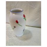 Hand Painted Floral Glass Vase with Blue Rim Hand Painted Floral Glass Vase with Blue Rim