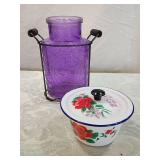 Decorative Purple Glass Jar and Floral Enamel Bowl Set Decorative Purple Glass Jar and Floral Enamel Bowl Set